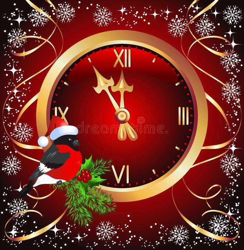 Red Christmas background with golden chimes and bullfinch in Santa Claus hat. Red Christmas background with golden chimes and bullfinch in Santa Claus hat