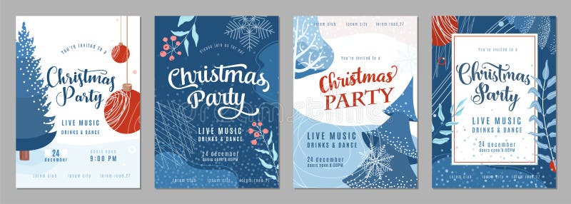 Christmas party invitation poster background in trendy flat style. Season holiday card set with snow, fir tree, snowflakes, christmas bauble and other graphic design elements. Winter decoration layout. Christmas party invitation poster background in trendy flat style. Season holiday card set with snow, fir tree, snowflakes, christmas bauble and other graphic design elements. Winter decoration layout