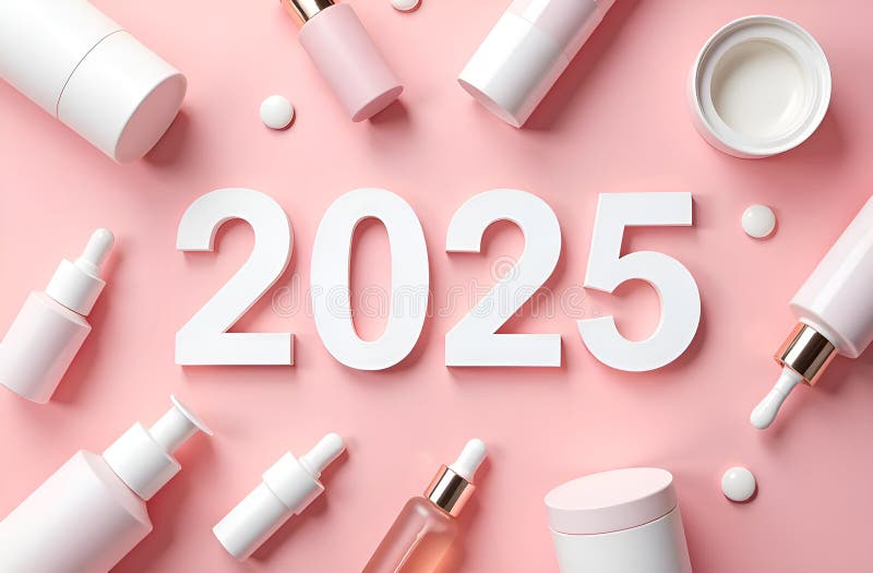 χριστούγεννα και ευτυχισμένο το νέο έτος 2025. καλλυντικά προϊόντα. ορός φιάλης και λοσιόν σε ροζ φόντο στοκ φωτογραφία με δικαίωμα ελεύθερης χρήσης