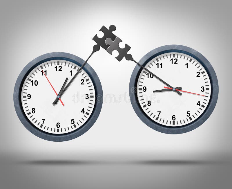 Time management concept as two clocks with minute hands connecting as a puzzle representing global business appointment schedules in sync or synchronization between different time zones as a corporate schedule metaphor. Time management concept as two clocks with minute hands connecting as a puzzle representing global business appointment schedules in sync or synchronization between different time zones as a corporate schedule metaphor.