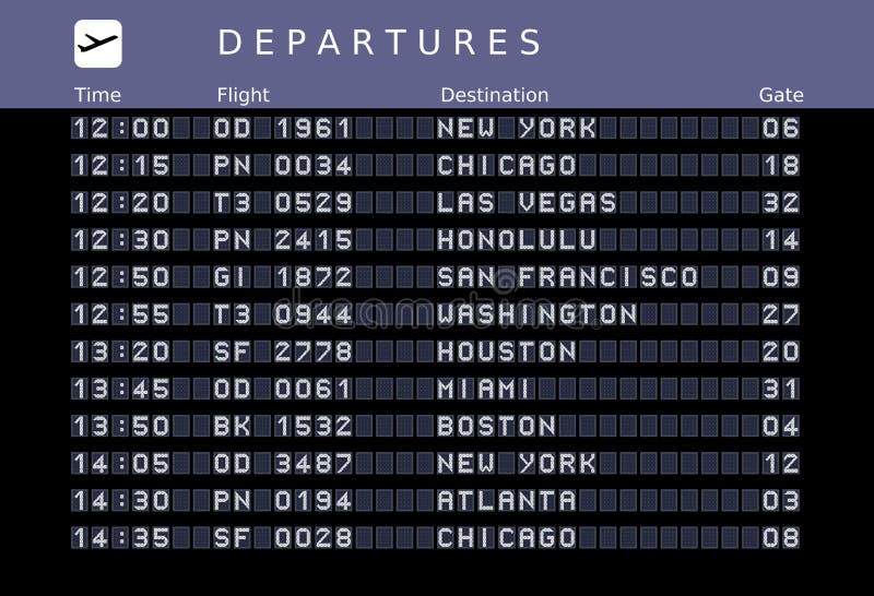 Departure board - destination airports. Vector illustration - the letters and numbers for easy editing your own messages are embedded outside the viewing area. USA destinations: New York, Chicago, Las Vegas, Honolulu, San Francisco, Washington, Houston, Miami, Boston, Atlanta. Departure board - destination airports. Vector illustration - the letters and numbers for easy editing your own messages are embedded outside the viewing area. USA destinations: New York, Chicago, Las Vegas, Honolulu, San Francisco, Washington, Houston, Miami, Boston, Atlanta.