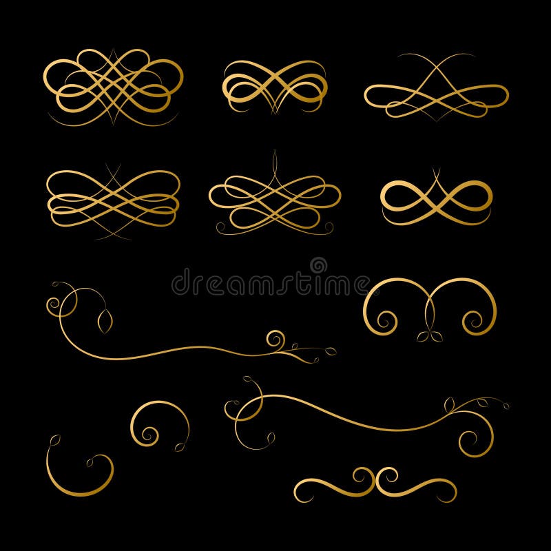 Gold Calligraphic swashes on black background. Flourish for your lettering design. Vector illustration. Gold Calligraphic swashes on black background. Flourish for your lettering design. Vector illustration