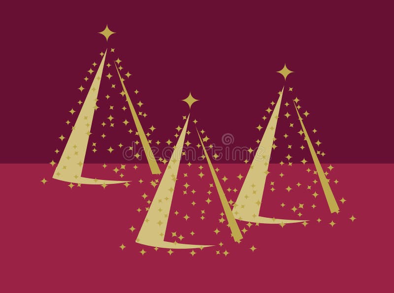 Three Gold Christmas Trees with gold stars on a Red background. Three Gold Christmas Trees with gold stars on a Red background