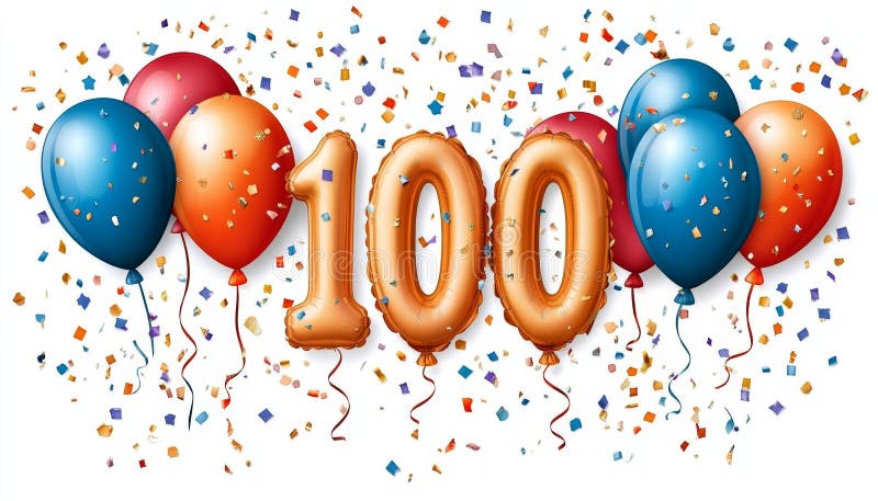 Χρυσά μπαλόνια 100 με πολύχρωμα μπαλόνια και φόντο γιορτής με χαρτοπόλεμο απεικόνιση αποθεμάτων