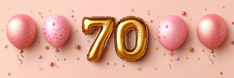 Χρυσοί αριθμοί 70 μπαλόνια με ροζ εορταστικά μπαλόνια και κομφετί σε ροζ φόντο διανυσματική απεικόνιση