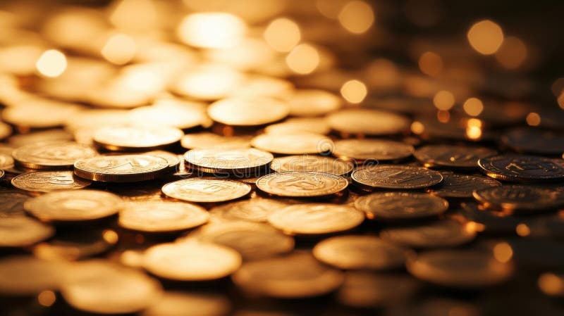 Χρυσά Νομίσματα Που Λάμπουν Υπό Την Έννοια Της Χρηματοδότησης Με Ήπιο Φως στοκ εικόνες