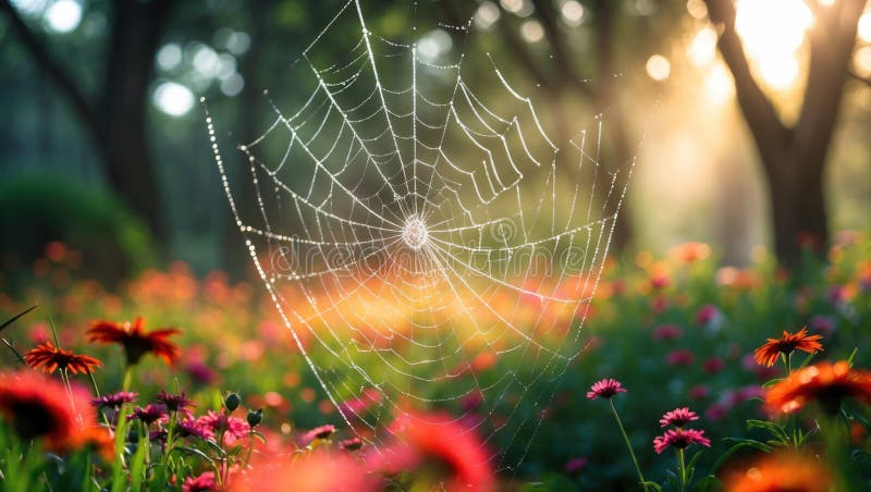 Χρυσές σταγόνες ώρας στο Spiderweb στον κήπο των λουλουδιών ελεύθερη απεικόνιση δικαιώματος