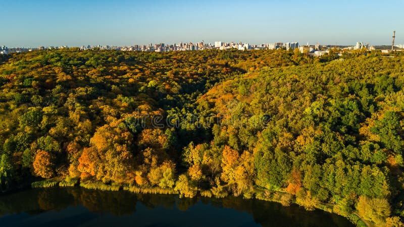Χρυσή εικονική παράσταση πόλης Kyiv φθινοπώρου, εναέρια άποψη κηφήνων του ορίζοντα πόλεων και δάσος με τα κίτρινα δέντρα και το ό στοκ φωτογραφία Χρυσή εικονική παράσταση πόλης Kyiv φθινοπώρου, εναέρια άποψη κηφήνων του ορίζοντα πόλεων και δάσος με τα κίτρινα δέντρα και το ό στοκ φωτογραφία