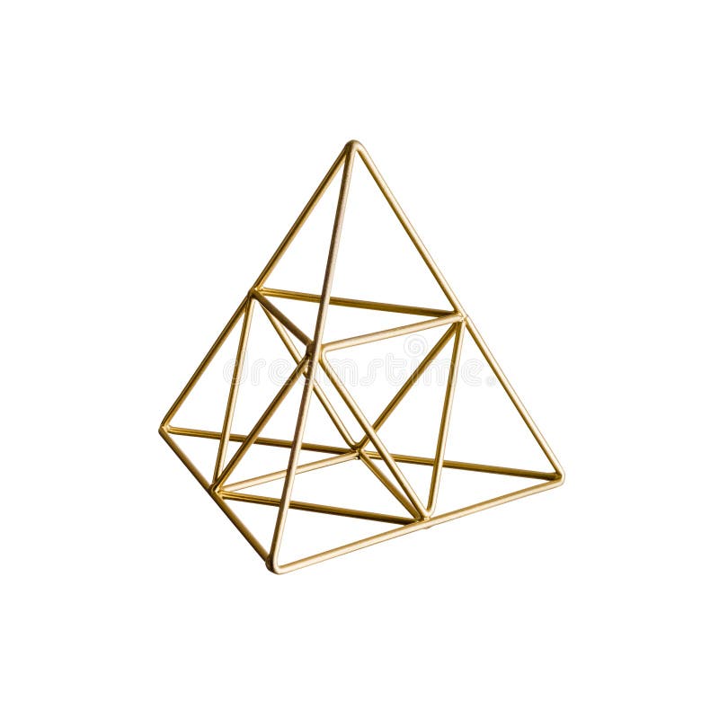 Golden triangular pyramid isolated on white background, Trigonometric representation of a volume. Golden triangular pyramid isolated on white background, Trigonometric representation of a volume