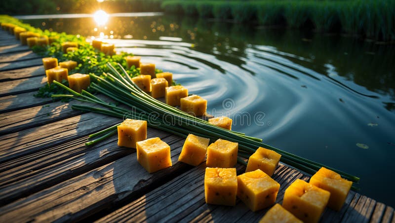 Χρυσοί κύβοι ανανά στο Γούντεν Ντοκ στο Sunset απεικόνιση αποθεμάτων