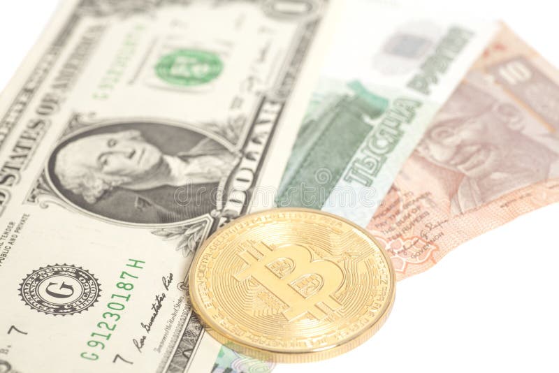 Χρυσό bitcoin με το U S δολάριο, τραπεζογραμμάτια ρουπίων τελών ρουβλιών στοκ εικόνα με δικαίωμα ελεύθερης χρήσης Χρυσό bitcoin με το U S δολάριο, τραπεζογραμμάτια ρουπίων τελών ρουβλιών στοκ εικόνα με δικαίωμα ελεύθερης χρήσης