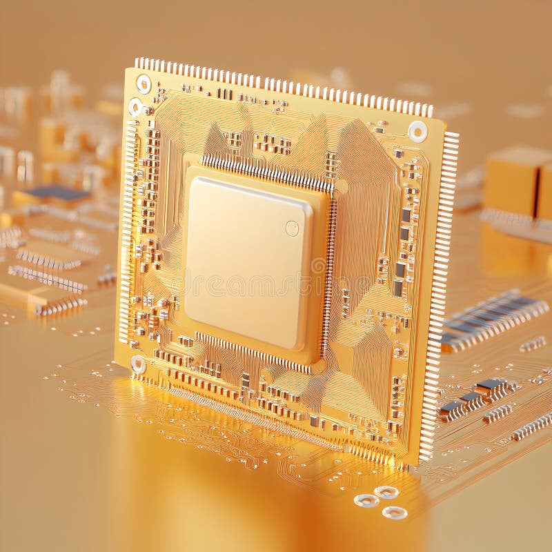 Χρυσό chip επεξεργαστή υπολογιστή - Κλείσιμο στην ανακλαστική χρυσή επιφάνεια ελεύθερη απεικόνιση δικαιώματος