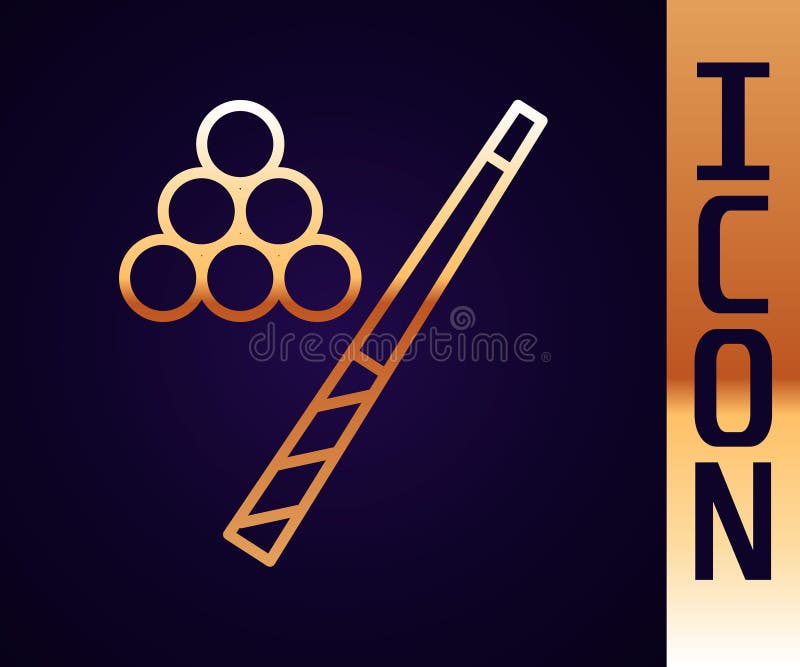 χρυσό εικονίδιο γραμμών billiard cue και ball απομονωμένα σε μαύρο φόντο. διάνυσμα διανυσματική απεικόνιση