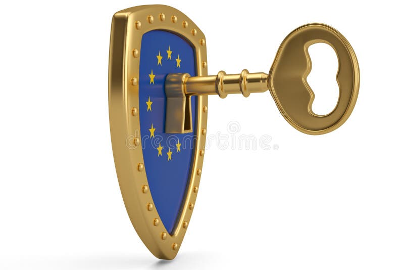 Χρυσό κλειδί στην ασπίδα σημαιών της ΕΕ τρισδιάστατη απεικόνιση διανυσματική απεικόνιση Χρυσό κλειδί στην ασπίδα σημαιών της ΕΕ τρισδιάστατη απεικόνιση διανυσματική απεικόνιση