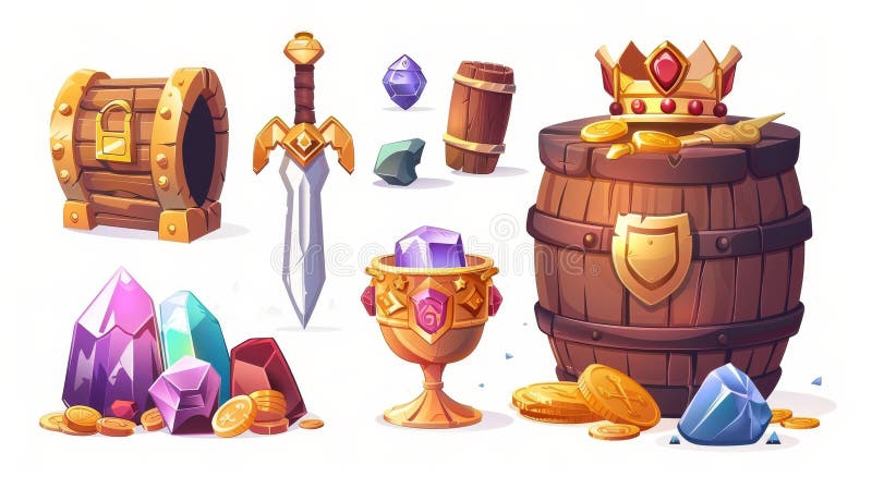 Gold, pirate chest, wooden barrel with crown and coins. Filibusters loot crystal gems, sword in pile of gold, goblet with precious rocks, isolated game assets. Cartoon modern illustration.. AI generated. Gold, pirate chest, wooden barrel with crown and coins. Filibusters loot crystal gems, sword in pile of gold, goblet with precious rocks, isolated game assets. Cartoon modern illustration.. AI generated