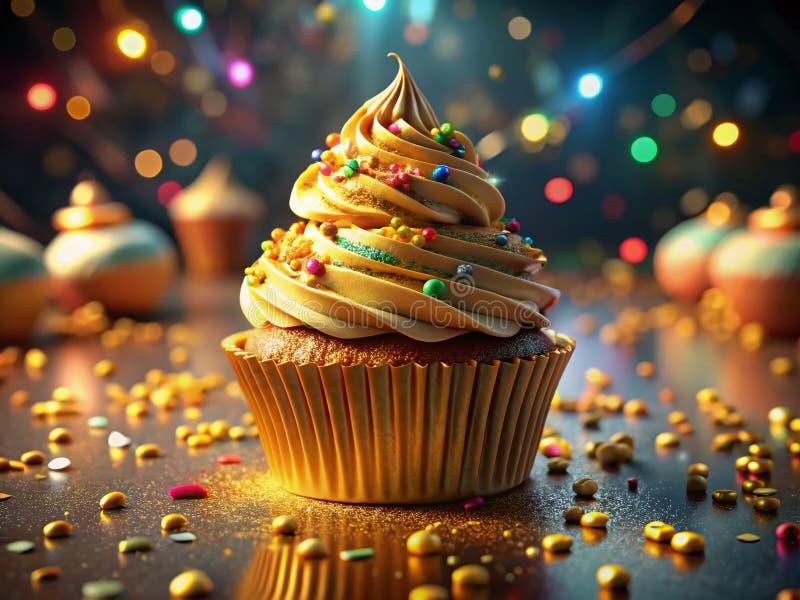 Χρυσό Cupcake με Κονφετί: Μια Εκπληκτική 3D Απεικόνιση Κοντινού Πλάνου μιας Νόστιμης Λιχουδιάς με Ζωντανά Χρώματα διανυσματική απεικόνιση