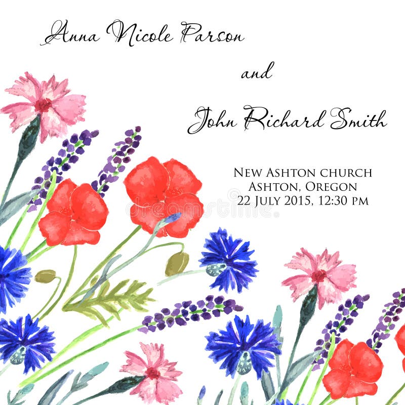 Χρωματισμένη Watercolor γαμήλια πρόσκληση Cornflower, lavender, γλυκά μπιζέλι και σχέδιο λουλουδιών παπαρουνών διανυσματική απεικόνιση Χρωματισμένη Watercolor γαμήλια πρόσκληση Cornflower, lavender, γλυκά μπιζέλι και σχέδιο λουλουδιών παπαρουνών διανυσματική απεικόνιση