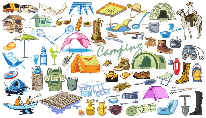 Colored camping and hiking elements collection with horse tourism outdoor recreation accessories equipment and tools in doodle style isolated vector illustration. Colored camping and hiking elements collection with horse tourism outdoor recreation accessories equipment and tools in doodle style isolated vector illustration