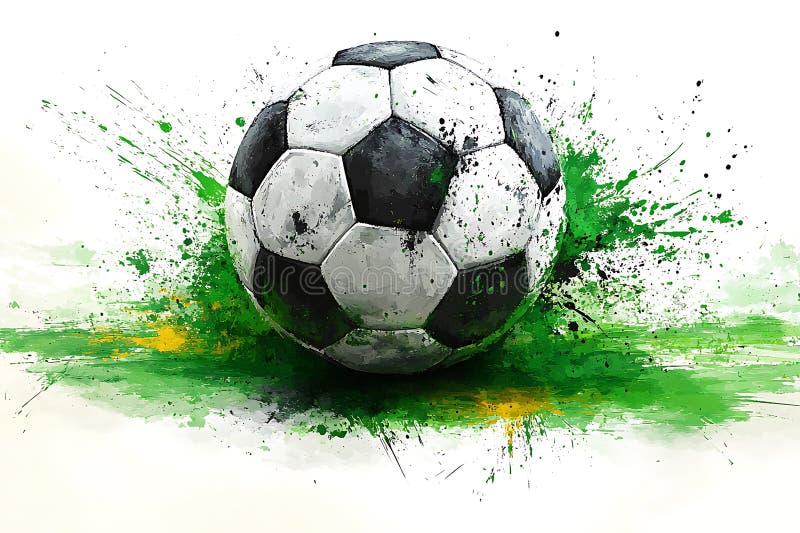 Χρωματισμένο soccerball με φόντο πράσινου και κίτρινου splatter&spstract απομονωμένο σε λευκό ελεύθερη απεικόνιση δικαιώματος