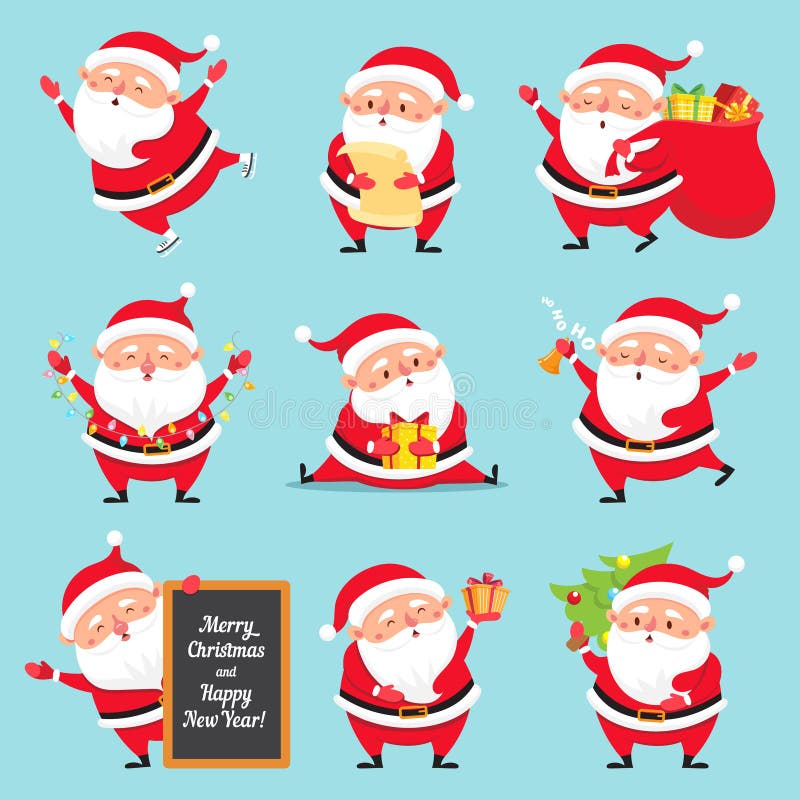 Cartoon Santa Claus. Christmas holiday greeting card character. Funny winter Xmas holidays celebration cute characters with gifts sack, new year flat vector isolated icon set. Cartoon Santa Claus. Christmas holiday greeting card character. Funny winter Xmas holidays celebration cute characters with gifts sack, new year flat vector isolated icon set