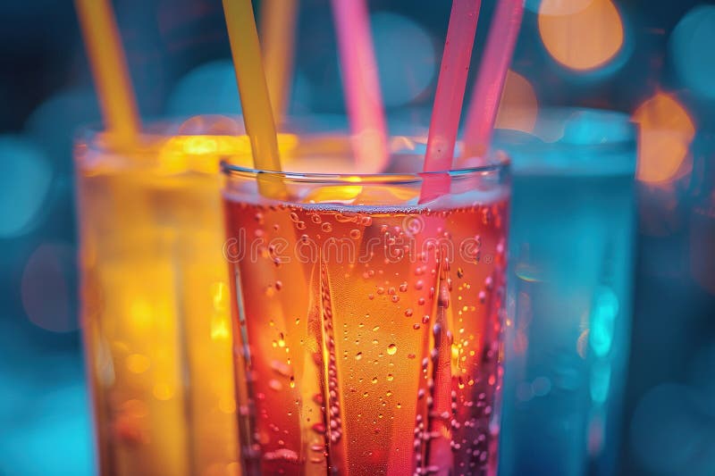 Colored plastic straws for a cocktail in a glass with liquid close-up. Party, holiday concept. Colored plastic straws for a cocktail in a glass with liquid close-up. Party, holiday concept.