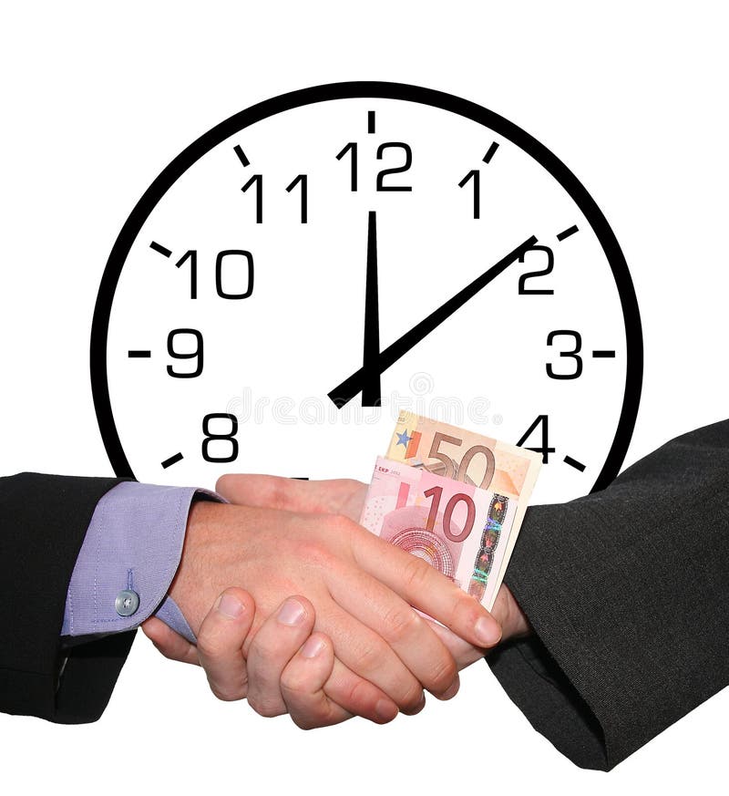 Time is money: a business handshake with money in front of an illustration of an analogue clock. Time is money: a business handshake with money in front of an illustration of an analogue clock