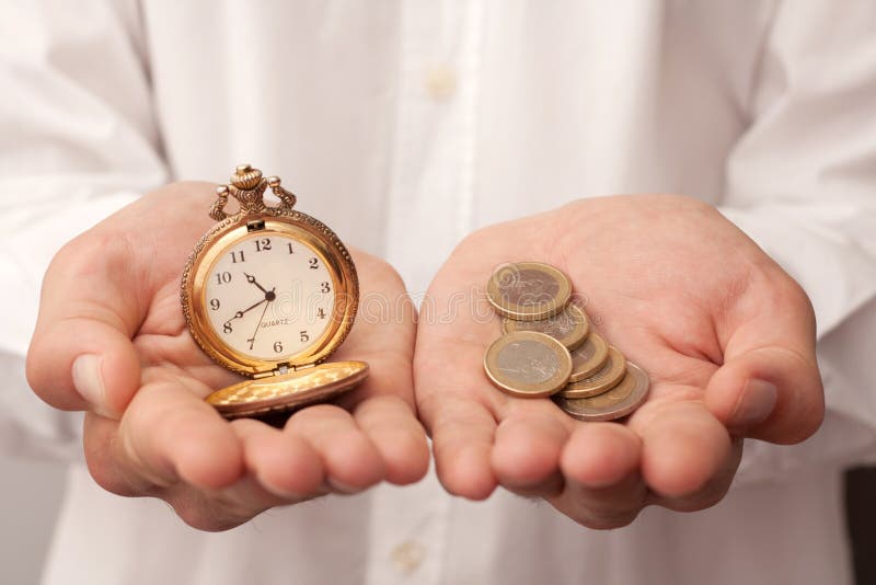Man holding pocket watch and coins in hands. Man holding pocket watch and coins in hands