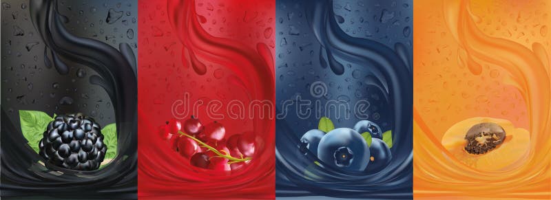 Fruit juice, blackberry, blueberry, apricot, red currant berry. Fresh fruits and green with green leaf. Splashes with fruit. Summer, nature, drink, cocktail. 3D realistic fruit close up. Vector illustration. Fruit juice, blackberry, blueberry, apricot, red currant berry. Fresh fruits and green with green leaf. Splashes with fruit. Summer, nature, drink, cocktail. 3D realistic fruit close up. Vector illustration.