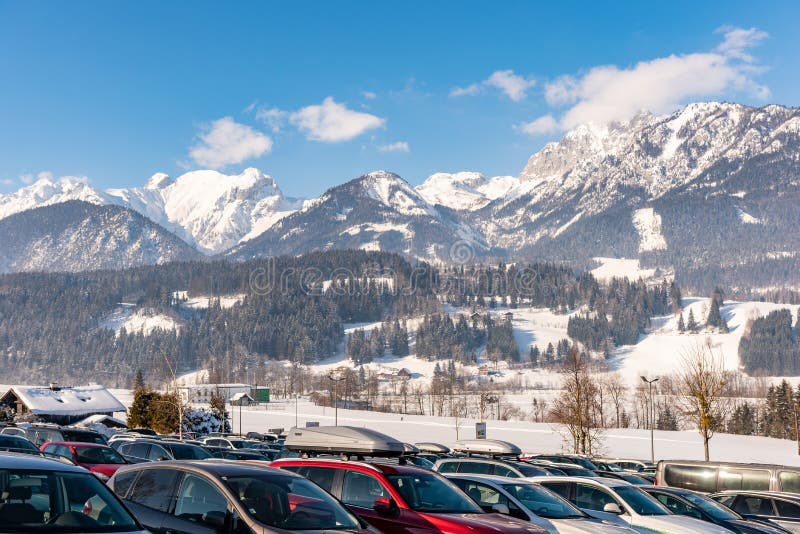 Car Parking at Hauser Kaibling - one of Austria`s top ski resorts: 44 ski lifts, 123 kilometres of ski runs, car park, Schladminger interlinked 4 mountains. Car Parking at Hauser Kaibling - one of Austria`s top ski resorts: 44 ski lifts, 123 kilometres of ski runs, car park, Schladminger interlinked 4 mountains