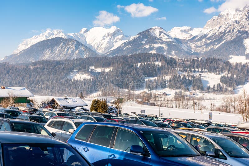 Car Parking at Hauser Kaibling - one of Austria`s top ski resorts: 44 ski lifts, 123 kilometres of ski runs, car park, Schladminger interlinked 4 mountains -Dachstein massif, region Schladming Dachstein. Car Parking at Hauser Kaibling - one of Austria`s top ski resorts: 44 ski lifts, 123 kilometres of ski runs, car park, Schladminger interlinked 4 mountains -Dachstein massif, region Schladming Dachstein