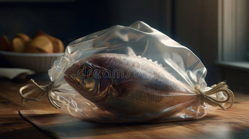ψάρι σε πλαστική σακούλα. πλαστική ρύπανση στον ωκεανό που μάχεται για την έννοια του καθαρού ωκεανού. γενική ai ελεύθερη απεικόνιση δικαιώματος