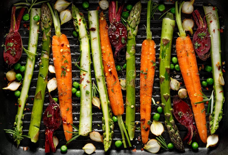 Grilling vegetables, raw vegetables prepared for grilling with the addition of olive oil, herbs and spices located on the grill plate, top view. Healthy nutrition concept, vegan meal. Grilling vegetables, raw vegetables prepared for grilling with the addition of olive oil, herbs and spices located on the grill plate, top view. Healthy nutrition concept, vegan meal