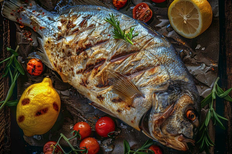 ψαροκέφαλο ντομάτα από ολόκληρο το bbq sea bream τηγανητό σπαρί αουράτα με ντομάτες λεμονιού και κερασιού ελεύθερη απεικόνιση δικαιώματος