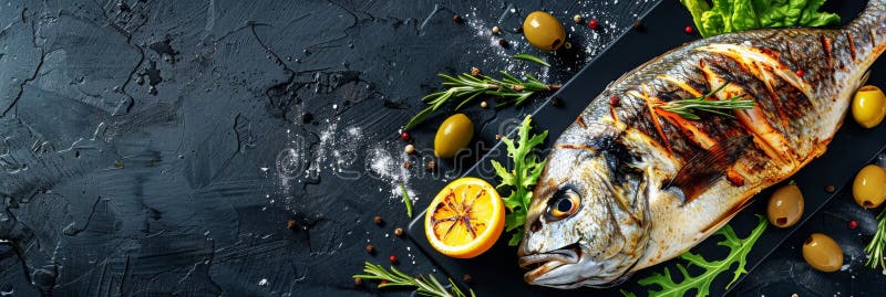 ψαροκέφαλο ντοράντο ολόκληρο μπικ σπαρί τηγανητό σπαρί αουράτα με ελιές λεμονιού και πράσινο μαρούλι διανυσματική απεικόνιση