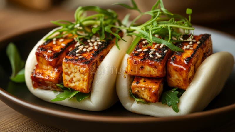 ψημένα λαγούμια του είδους tofu bao με σουσάμι και πράσινα διανυσματική απεικόνιση