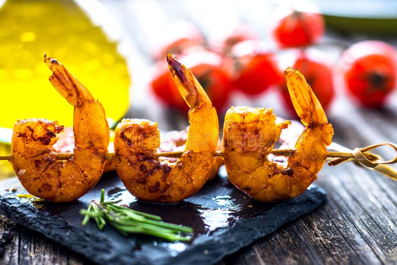 Grilled Honey Soy Shrimp on wooden background. Grilled Honey Soy Shrimp on wooden background