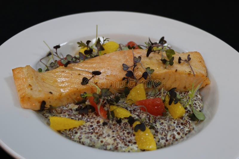 Ψημένος ατλαντικός σολομός με τα κρεμώδη quinoa και εσπεριδοειδών τμήματα στοκ εικόνες με δικαίωμα ελεύθερης χρήσης Ψημένος ατλαντικός σολομός με τα κρεμώδη quinoa και εσπεριδοειδών τμήματα στοκ εικόνες με δικαίωμα ελεύθερης χρήσης