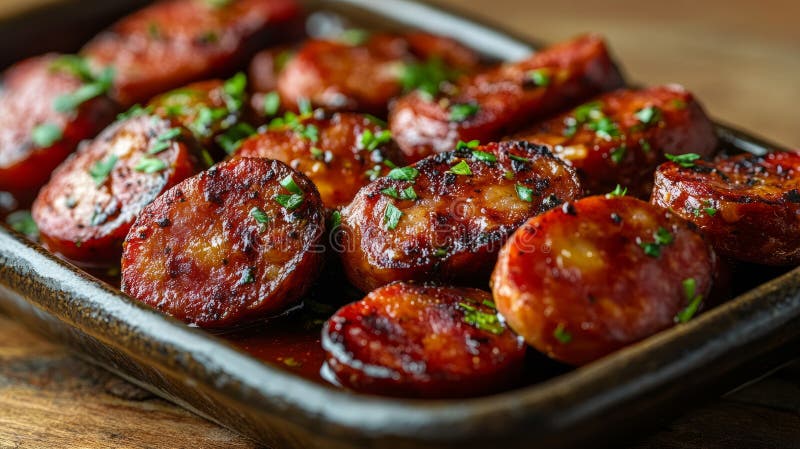 Ψητά φέτες chorizo με βότανα πάνω σε πιάτο. στοκ εικόνες