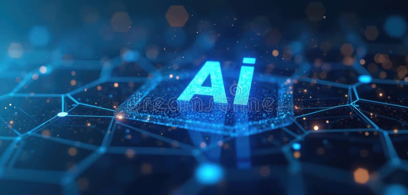 Ψηφιακό μπλε φόντο με σύμβολα AI. Μελλοντική τεχνική σχεδίαση με εξάγωνα κυκλώματα με διακριτικό ντεγκραντέ. Μοντέρνο αφηρημένο μο απεικόνιση αποθεμάτων