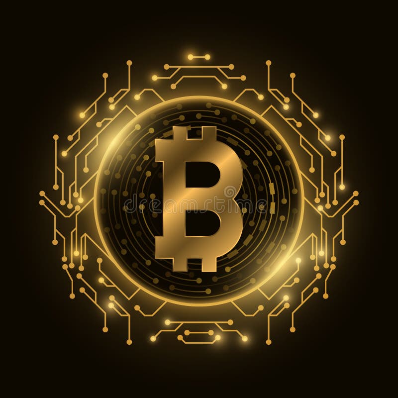 ψηφιακό νόμισμα φουτουριστικού χρυσού bitcoin. πλακέτα κυκλώματος υπολογιστή. εξόρυξη κρυπτονομίσματος. λογότυπο αλυσίδας μπλοκ σχ ελεύθερη απεικόνιση δικαιώματος