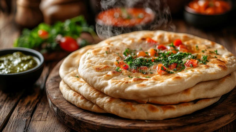 Ψωμί θερμού ατμού με βότανα και ντομάτες σε ξύλινη σανίδα απεικόνιση αποθεμάτων