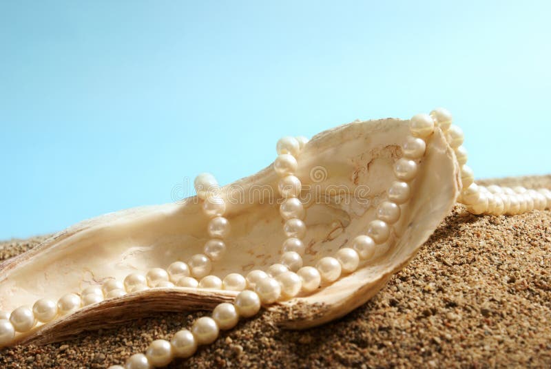 A large oyster shell and a pearl necklace on display over some sand. A large oyster shell and a pearl necklace on display over some sand.