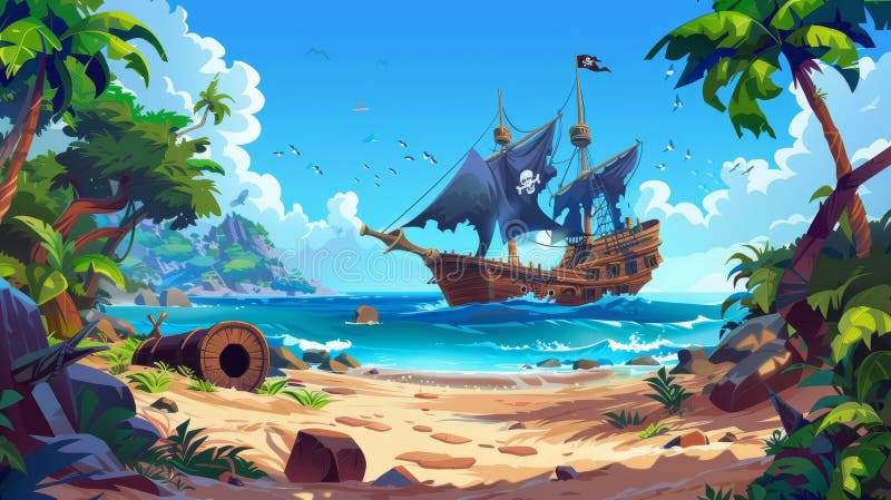 An ocean shore landscape with sunken wooden corsair boat with cannons, black flag and sails, and skulls, modern cartoon illustration illustrating a sea beach with a broken pirate ship after a. AI generated. An ocean shore landscape with sunken wooden corsair boat with cannons, black flag and sails, and skulls, modern cartoon illustration illustrating a sea beach with a broken pirate ship after a. AI generated
