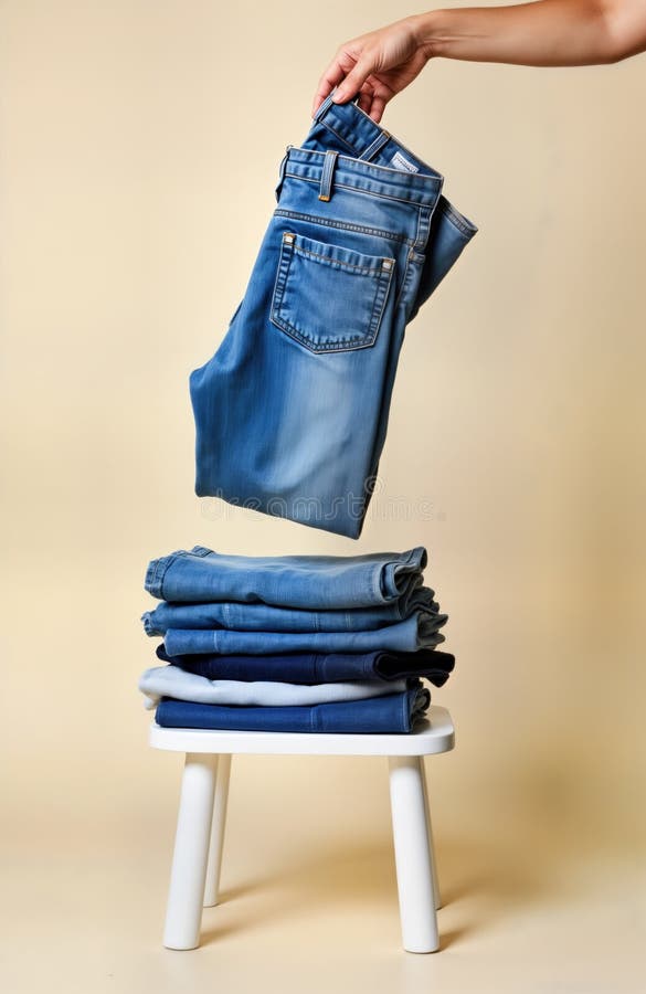 όμορφα διπλωμένα τζιν denim σε καρέκλα. οργανωμένη οθόνη ενδυμάτων. έννοια απλής ενδυμασίας. μπλε ντένιμ ρούχο. καθαρό και απλό διανυσματική απεικόνιση