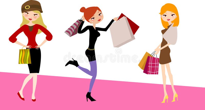 Illustration of three beautiful girls on a shopping. Illustration of three beautiful girls on a shopping