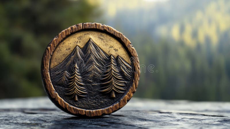 Όμορφα σχεδιασμένο αρχαίο νόμισμα με πεύκα και βουνά που τονίζουν τη φυσική αξία και την καλλιτεχνική κληρονομιά στοκ εικόνες