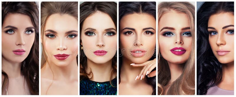 Όμορφες γυναίκες με τέλειο Makeup Κολάζ ομορφιάς, χαριτωμένα πρόσωπα στοκ εικόνες με δικαίωμα ελεύθερης χρήσης