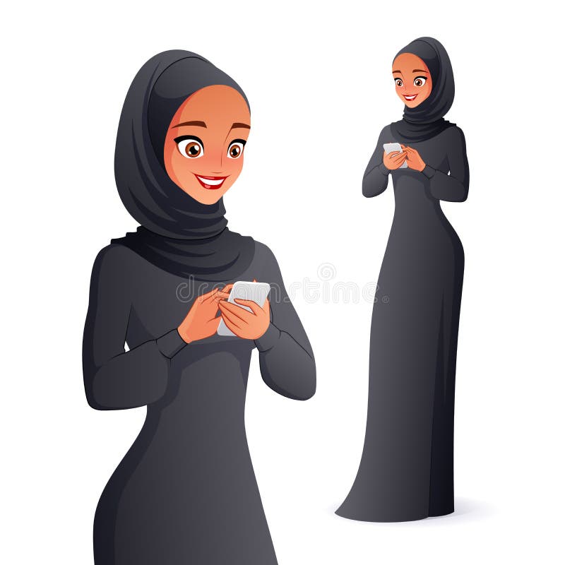 Beautiful traditional dressed Arab muslim woman in hijab writing text message on mobile phone. Vector illustration isolated on white background. Beautiful traditional dressed Arab muslim woman in hijab writing text message on mobile phone. Vector illustration isolated on white background.