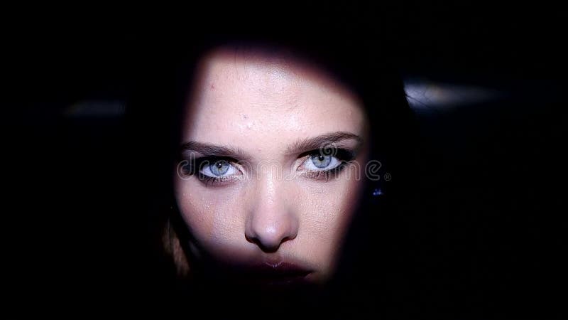 Όμορφη γυναίκα brunette με το καλλιτεχνικό πορτρέτο μπλε ματιών φιλμ μικρού μήκους