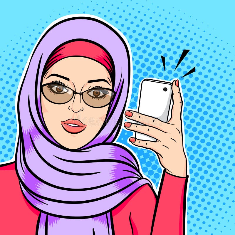 Beautiful muslim woman in hijab holding mobile phone reading sms or taking selfie concept vector in pop art comic retro style. Beautiful muslim woman in hijab holding mobile phone reading sms or taking selfie concept vector in pop art comic retro style